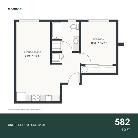 Floor plan for 1 bed, 1 bath, 582 sqft